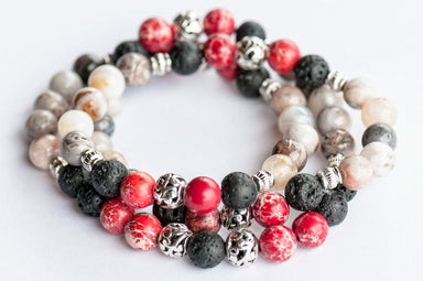 Regalite, Bamboo Leaf Agate, and Lava stone natural gemstone stretch bracelet