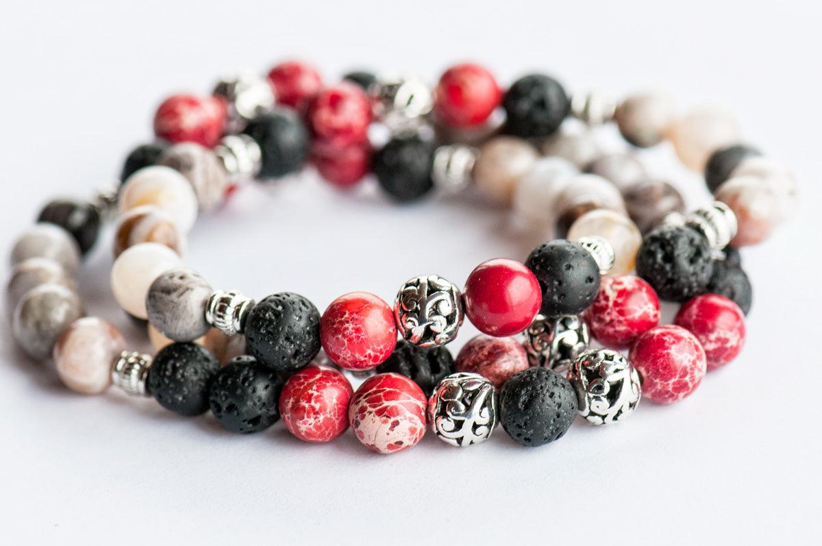 Regalite, Bamboo Leaf Agate, and Lava stone natural gemstone stretch bracelet