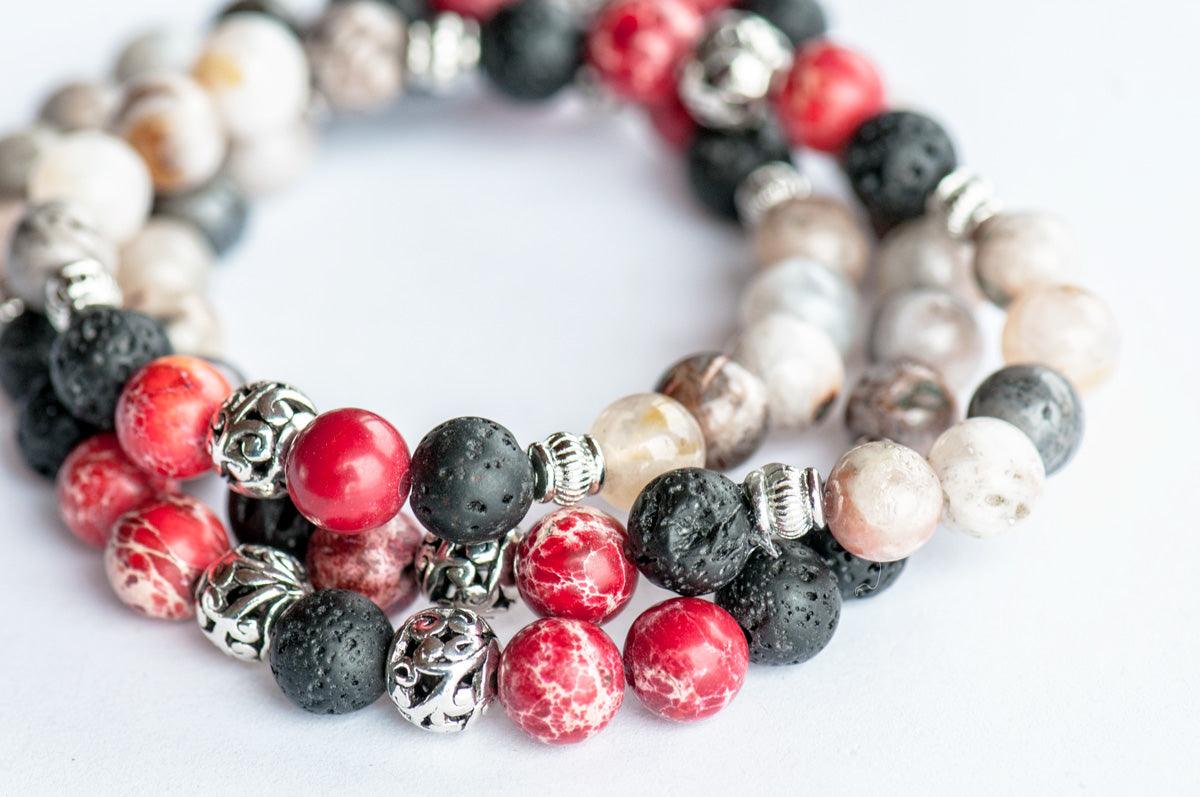 Regalite, Bamboo Leaf Agate, and Lava stone natural gemstone stretch bracelet