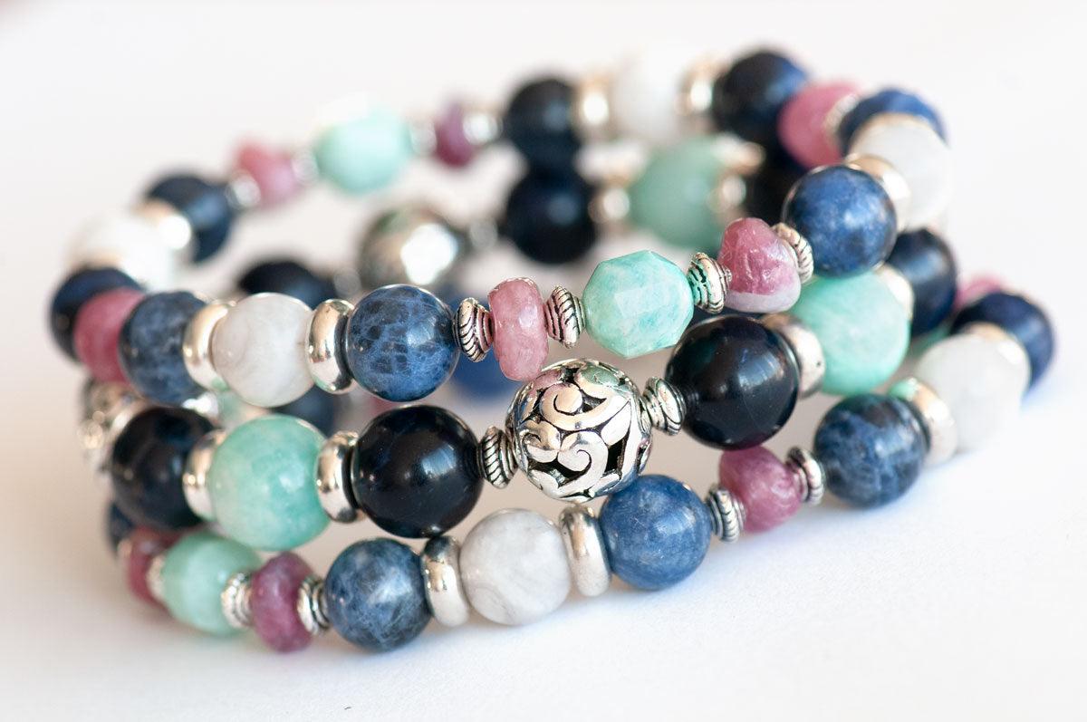 Resourceful Lynx gemstone bracelet with sodalite, Amazonite, Tourmaline, and crazy lace agate.