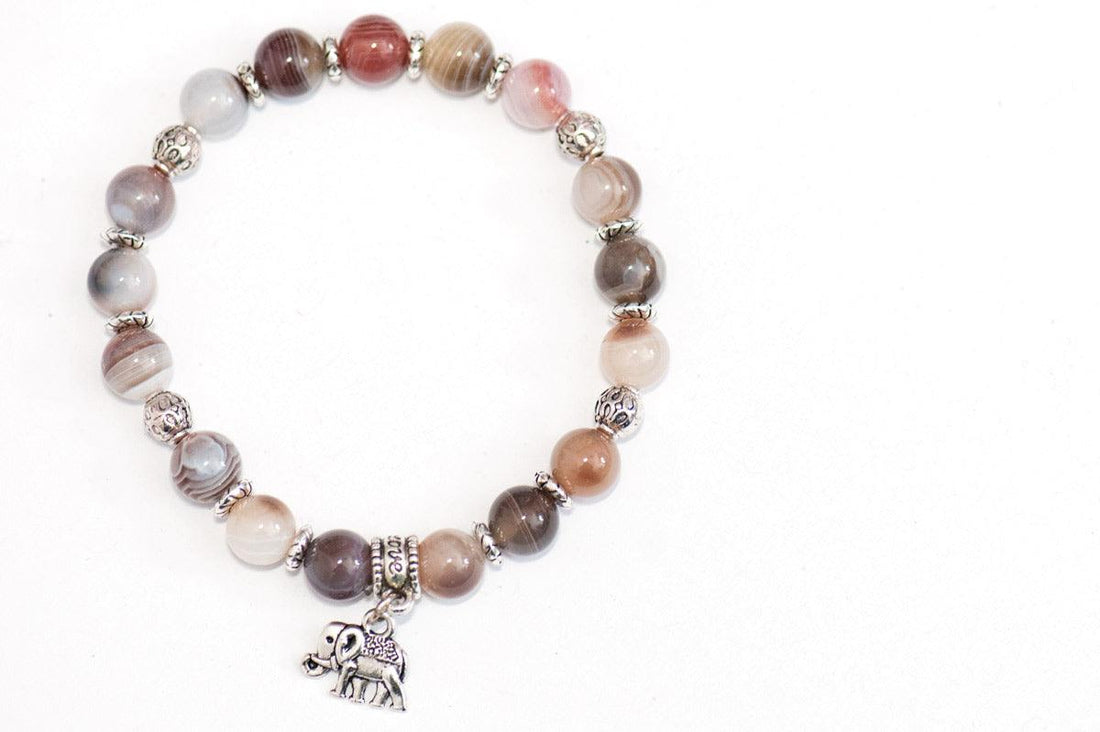 Botswana agate stretch bracelet with elephant charm