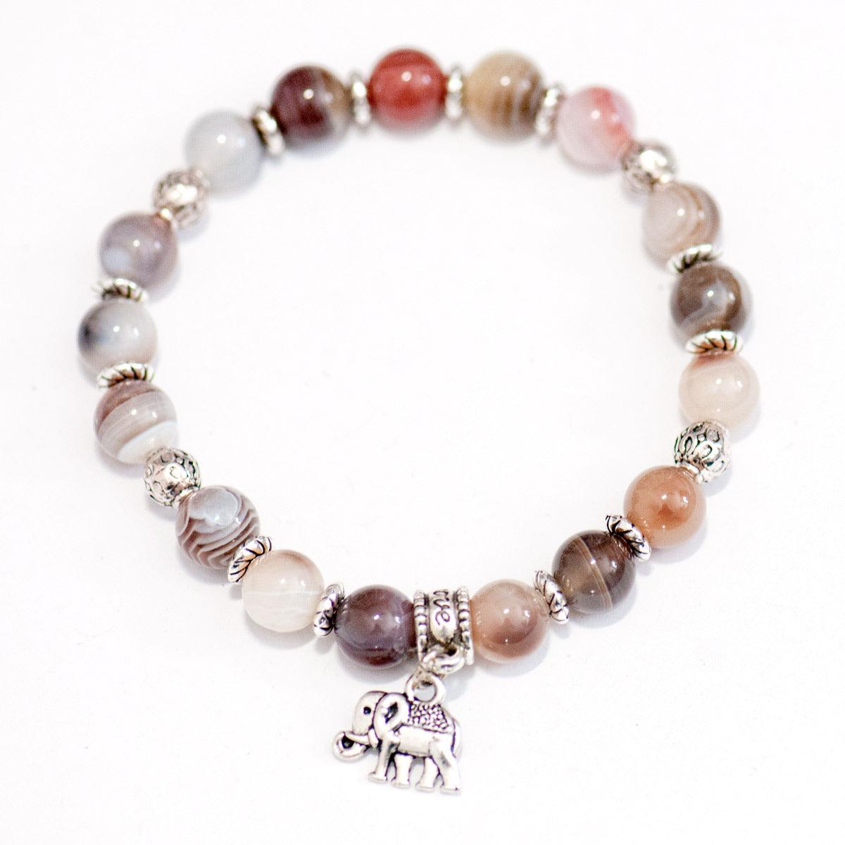 Botswana agate stretch bracelet with elephant charm