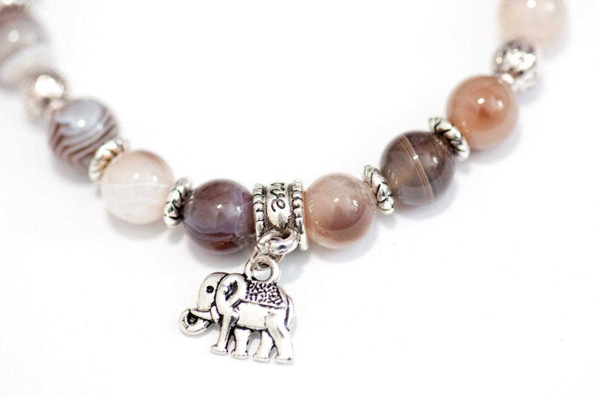 Botswana agate stretch bracelet with elephant charm