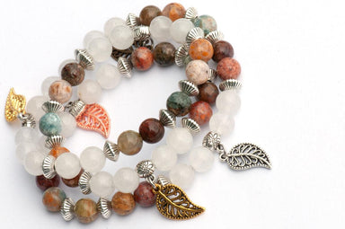 Second Spring - Autumn wrap bracelet with Autumn Ocean Agate and white Jade handmade in Canada