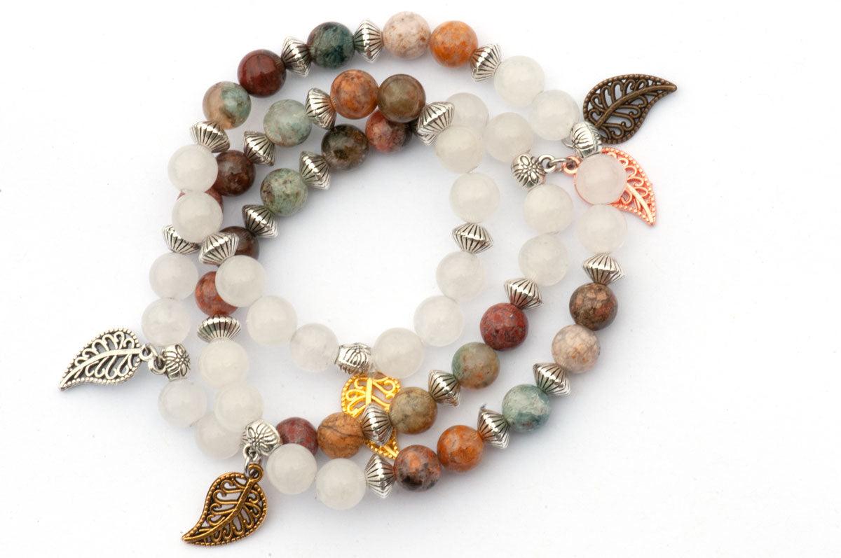 Handmade triple wrap bracelet with rainbow ocean agate and white jade with falling leave motif 