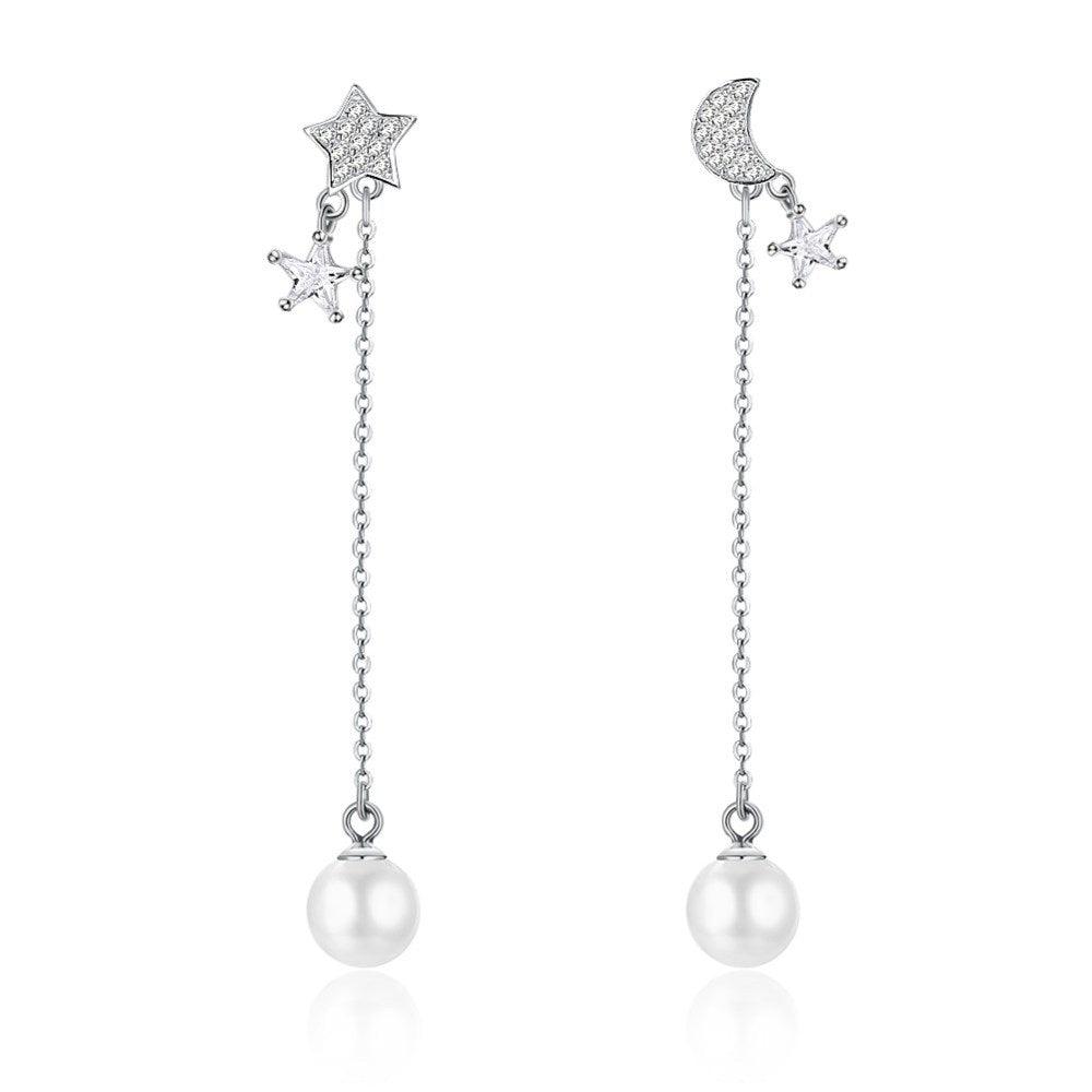 Sterling Silver and Pearl Dangle Stud Earrings with Moon & Stars - Fierce Lynx Designs
