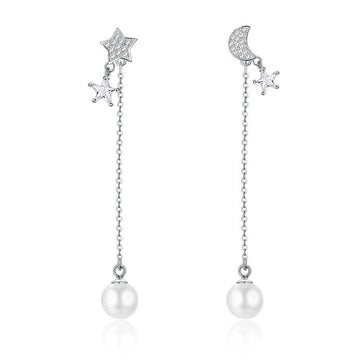 Sterling Silver and Pearl Dangle Stud Earrings with Moon & Stars - Fierce Lynx Designs
