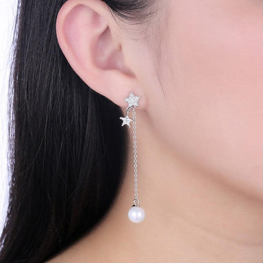 Sterling Silver and Pearl Dangle Stud Earrings with Moon & Stars - Fierce Lynx Designs