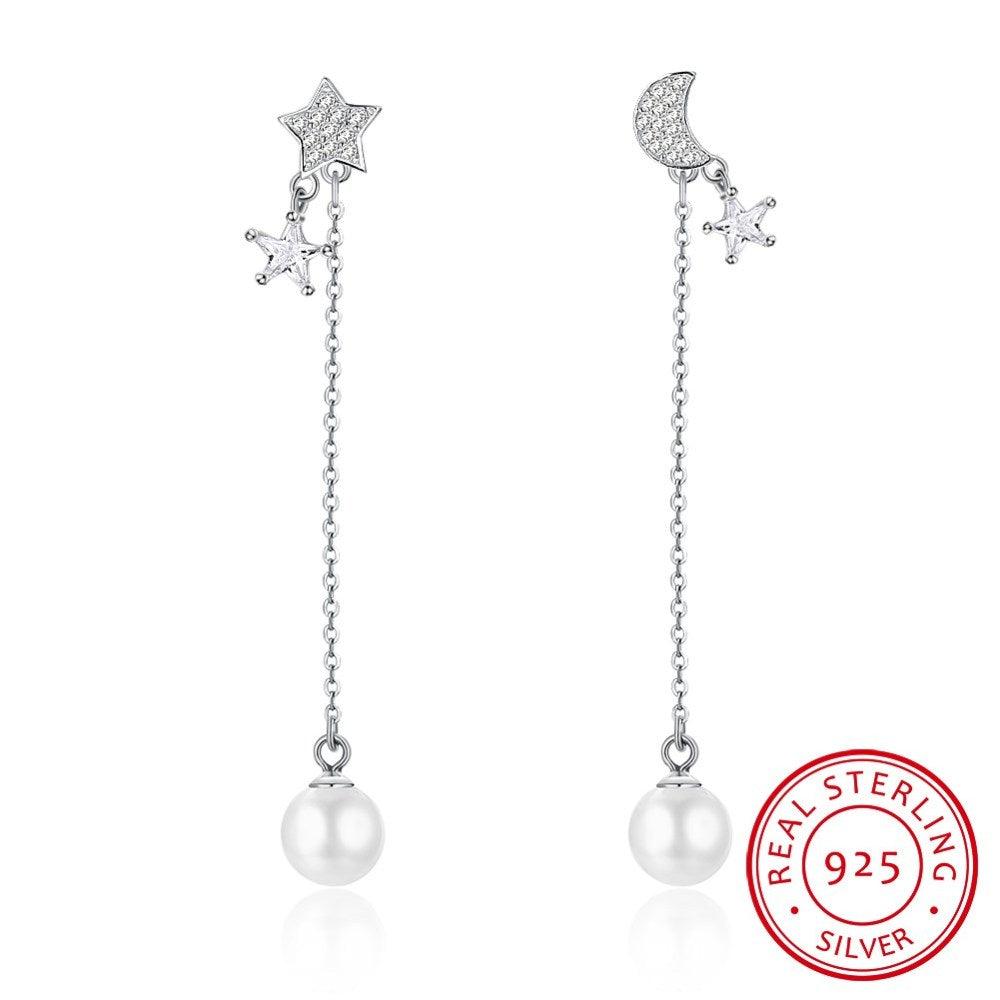 Sterling Silver and Pearl Dangle Stud Earrings with Moon & Stars - Fierce Lynx Designs