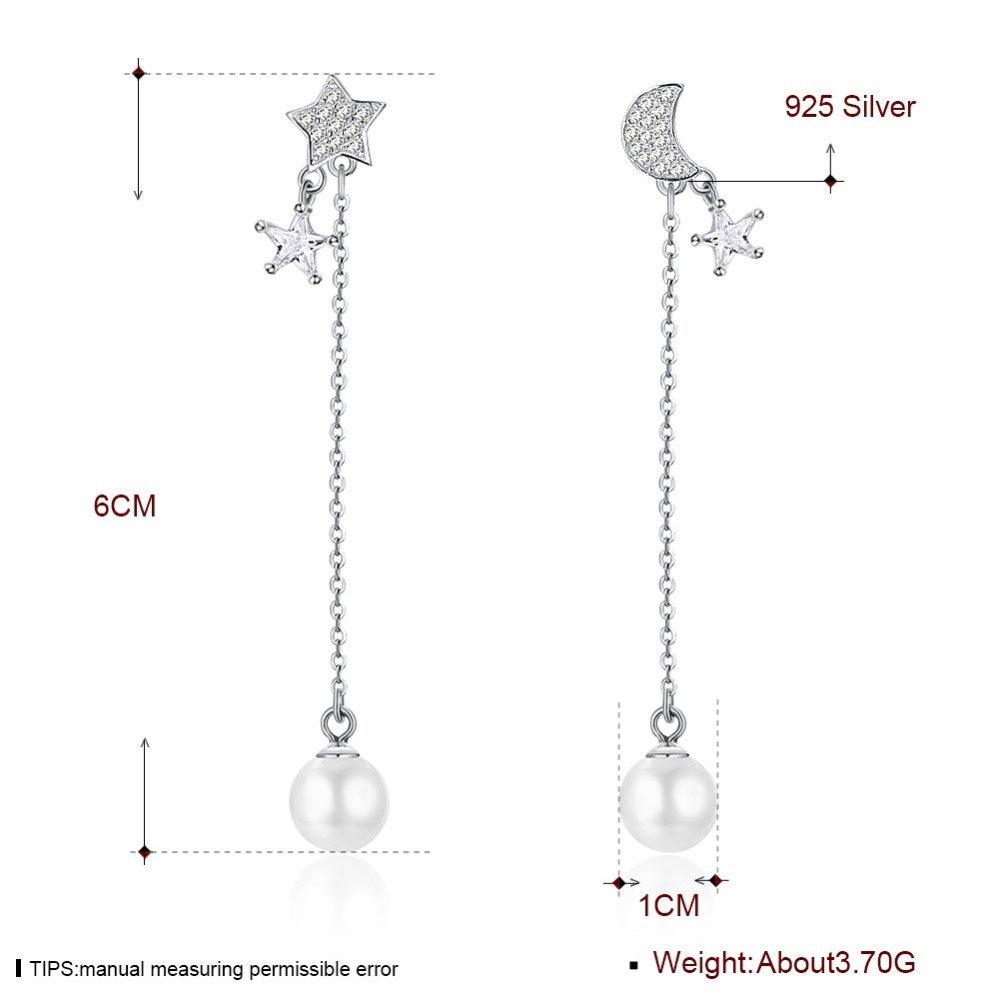 Sterling Silver and Pearl Dangle Stud Earrings with Moon & Stars - Fierce Lynx Designs