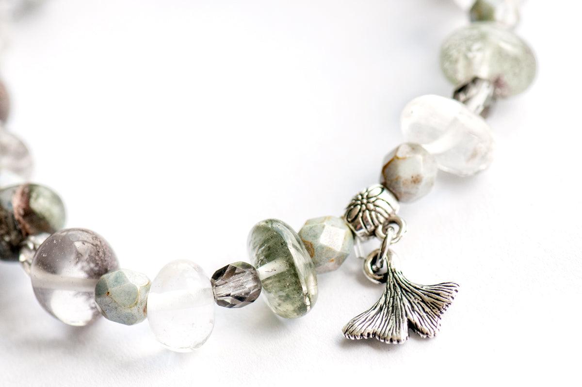 Gingko leaf charm detail on Lodalite Quartz gemstone bracelet