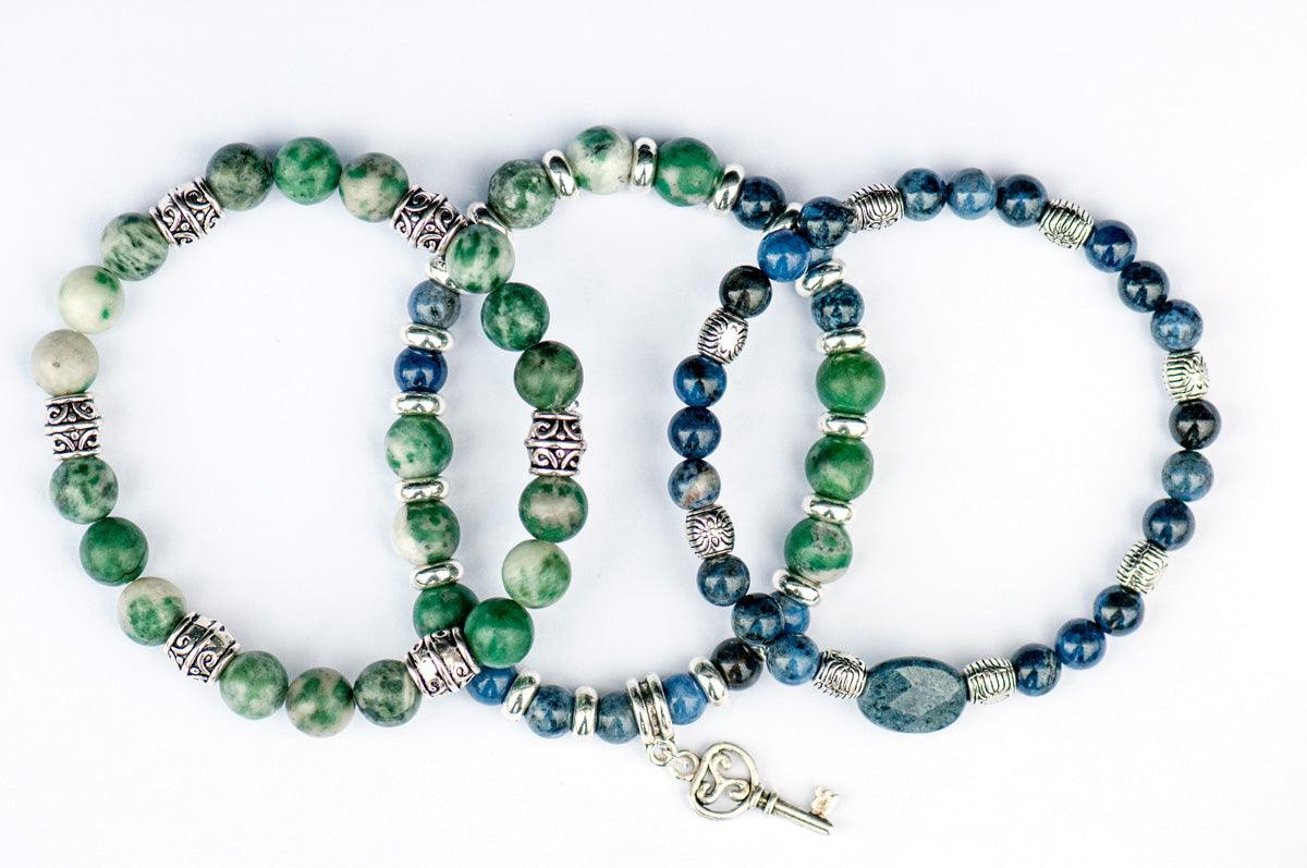Thoughtful Lynx - Dumortierite and Jade gemstone bracelet set