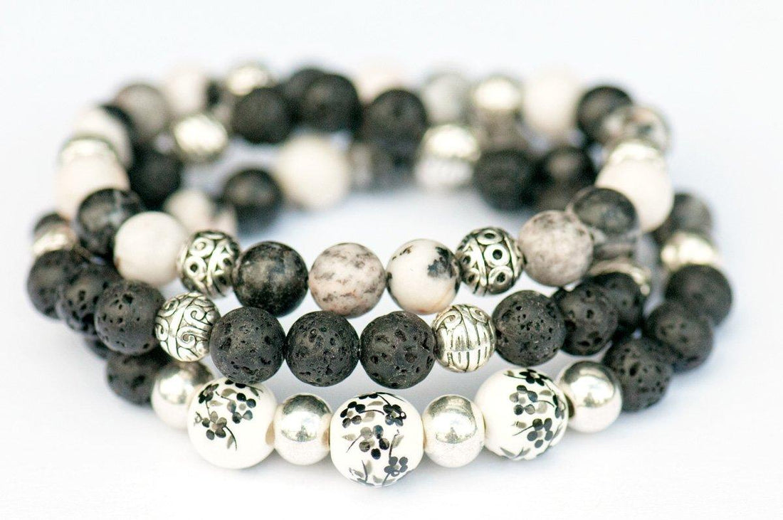 Vintage Lynx - Zebra Jasper and Lava Bead bracelet set. 