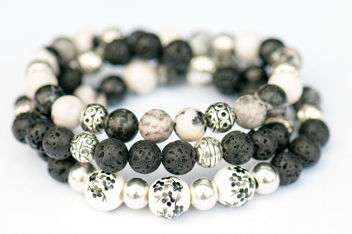 Vintage Lynx - Zebra Jasper and Lava Bead bracelet set. 