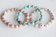 Three bracelet set in pink opal, turquoise terra agate, and lilac kunzite