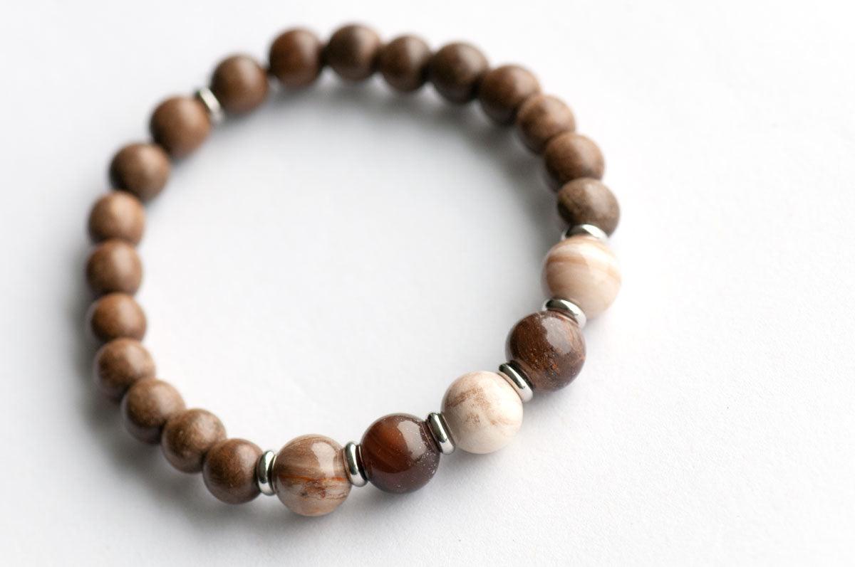 Wood Opalite Unisex bracelet with wood beads and stainless steel accents 