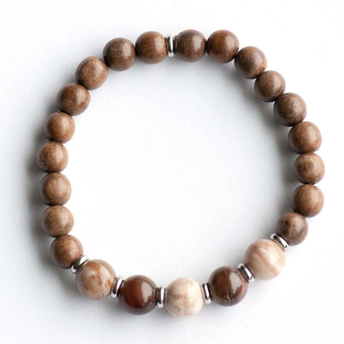 Handmade unisex bracelet with petrified wood and wooden beads